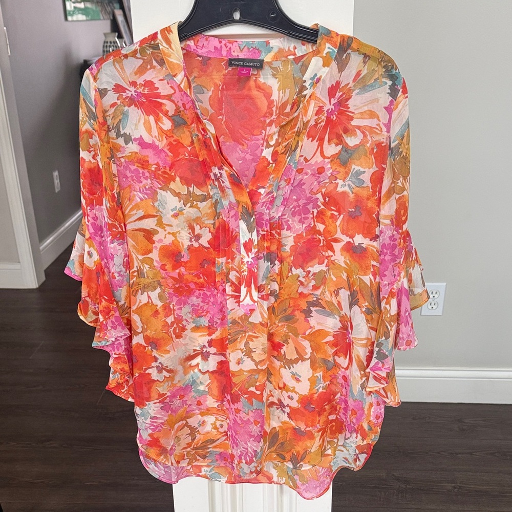 Vince Camuto Orange & Pink Floral Ruffled  V-Neck Blouse Small